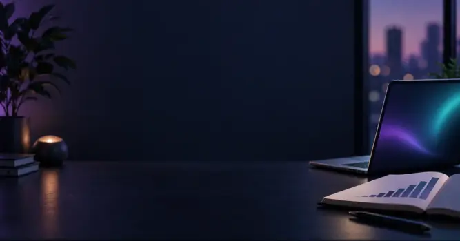 Dunkler Schreibtisch mit Laptop und offenem Notizbuch mit aufsteigendem Balkendiagramm als Sinnbild für SEO-Rankings ohne Abo