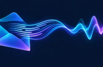 Abstrakter Briefumschlag, der in eine leuchtende Textwelle übergeht, in Blau und Violett