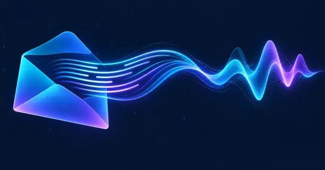 Abstrakter Briefumschlag, der in eine leuchtende Textwelle übergeht, in Blau und Violett