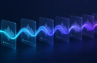 Abstrakte dunkle Illustration: ein Wellenform-Band läuft durch mehrere gleichmäßig gestapelte Podcast-Folgen-Karten